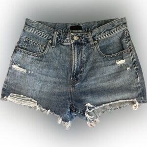 Uniqlo Jeans Denim Distressed High Rise Raw Hem Shorts Pockets Size 26 Blue